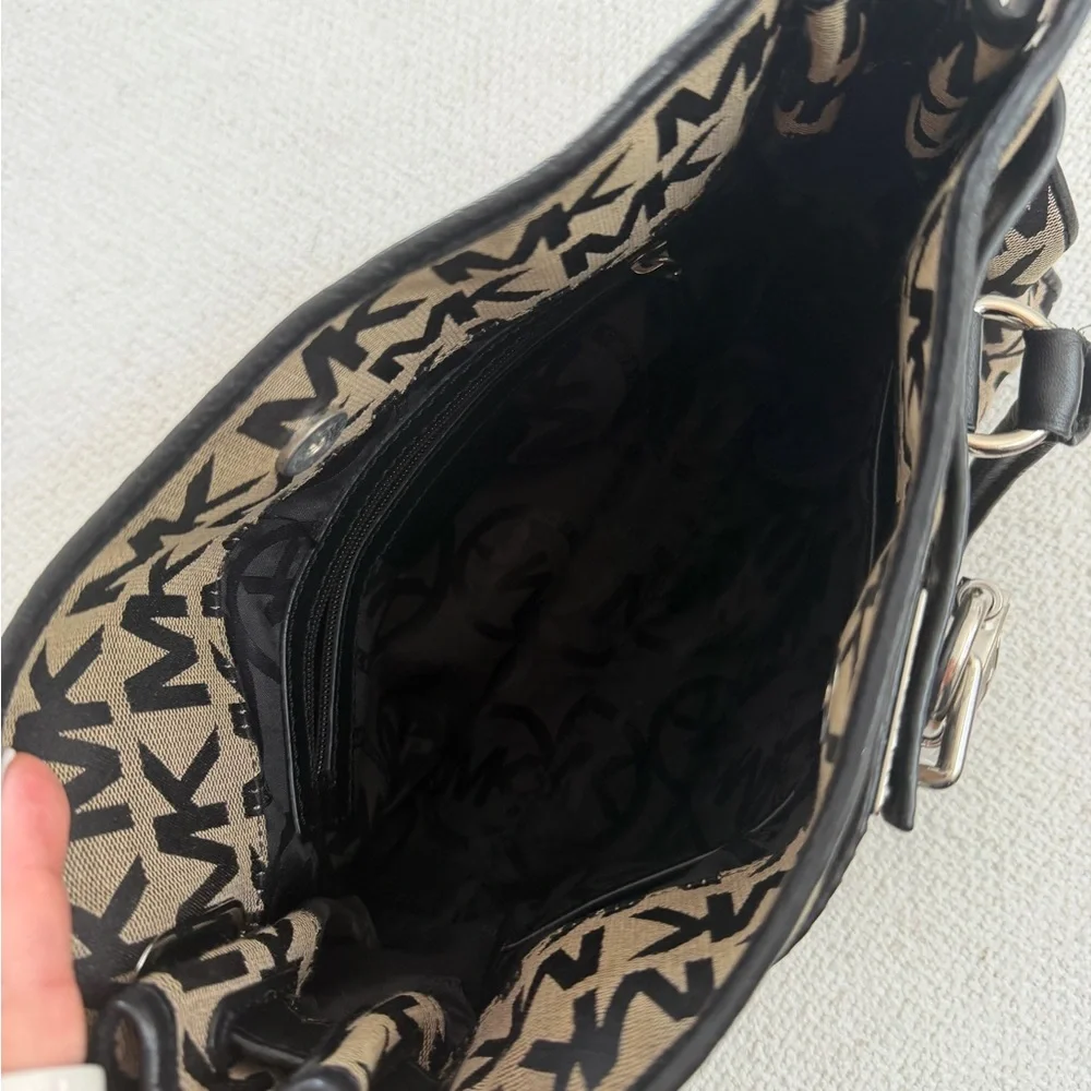 Michael Kors Brown and Black MK Logo Satchel with Chain Strap